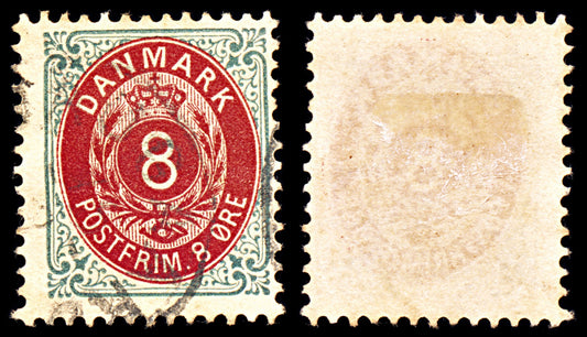 6902 Denmark SG61a 8 Ore Carmine & Grey Green 1875. Used. C£27