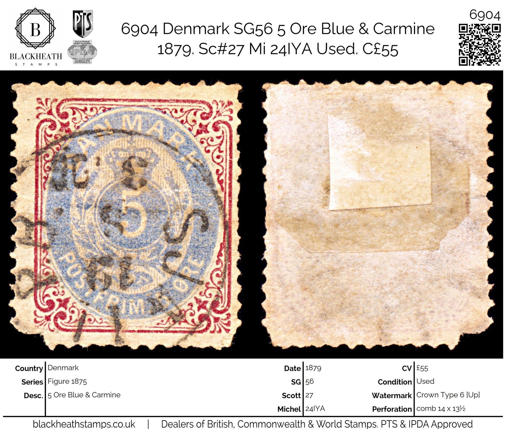 6904 Denmark SG56 5 Ore Blue & Carmine 1879. Sc#27 Mi 24IYA Used. C£55