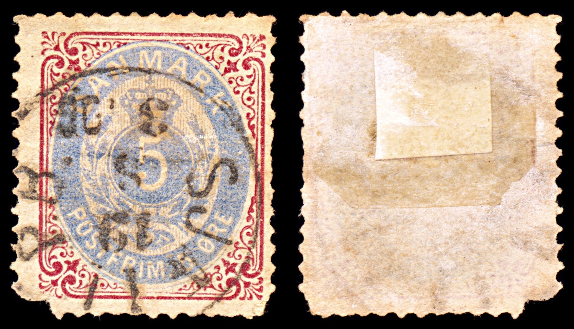 6904 Denmark SG56 5 Ore Blue & Carmine 1879. Sc#27 Mi 24IYA Used. C£55