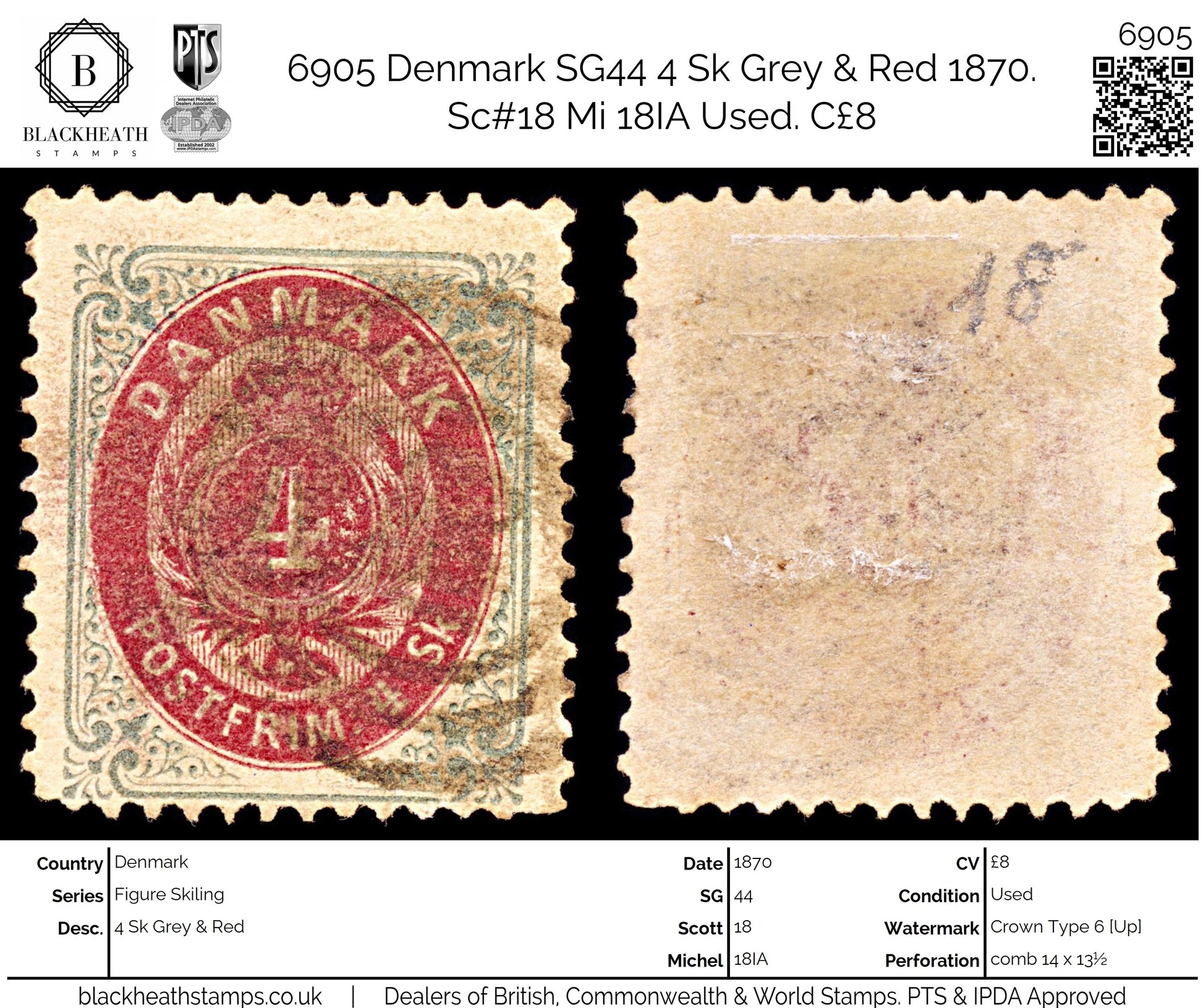 6905 Denmark SG44 4 Sk Grey & Red 1870. Sc#18 Mi 18IA Used. C£8