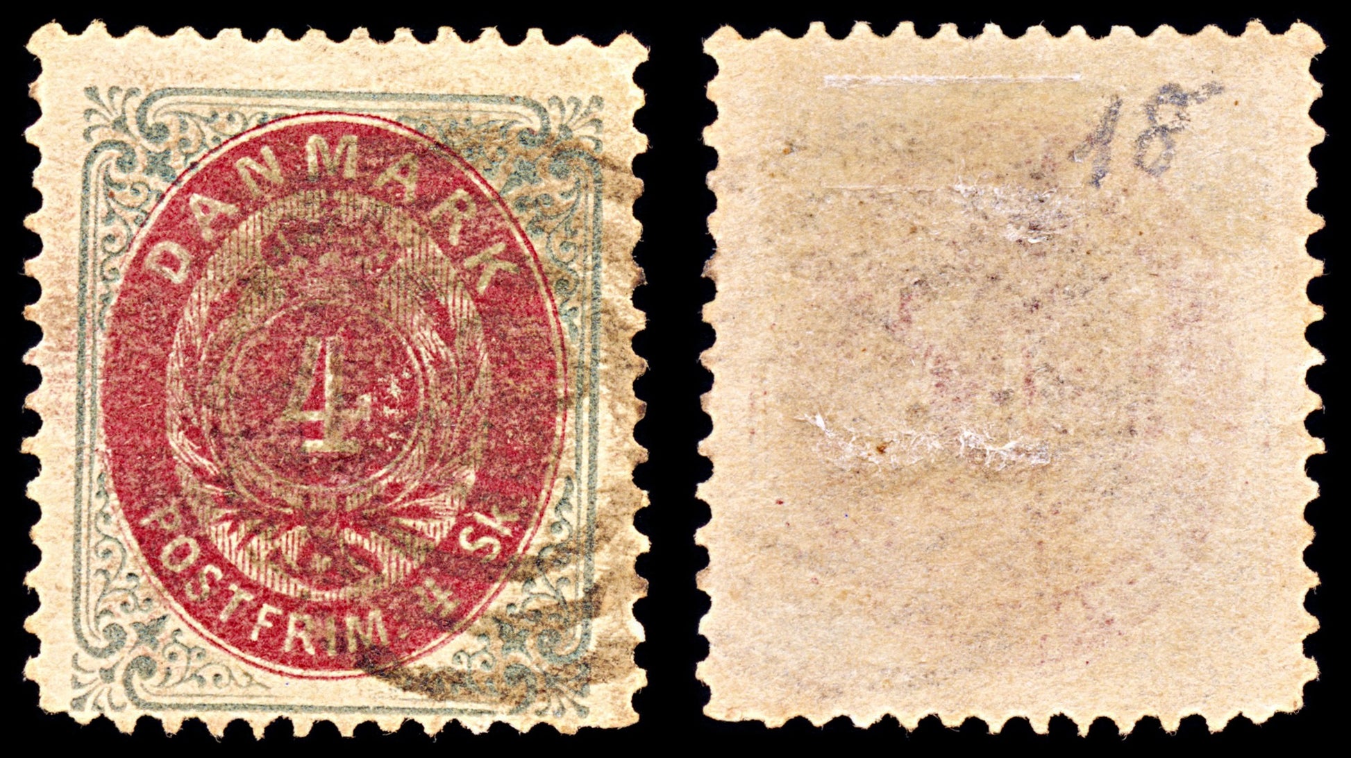 6905 Denmark SG44 4 Sk Grey & Red 1870. Sc#18 Mi 18IA Used. C£8