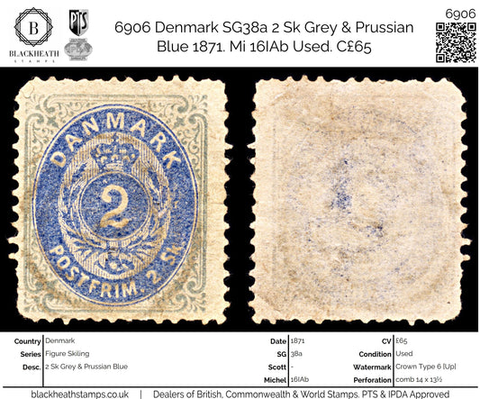 6906 Denmark SG38a 2 Sk Grey & Prussian Blue 1871. Mi 16IAb Used. C£65