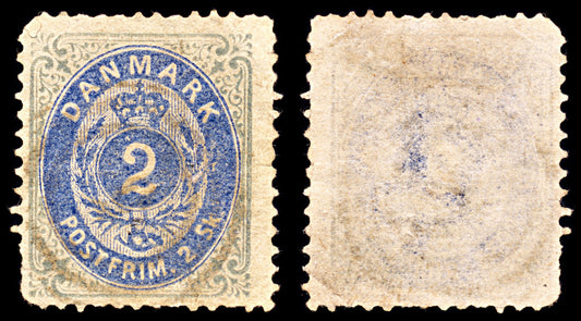 6906 Denmark SG38a 2 Sk Grey & Prussian Blue 1871. Mi 16IAb Used. C£65