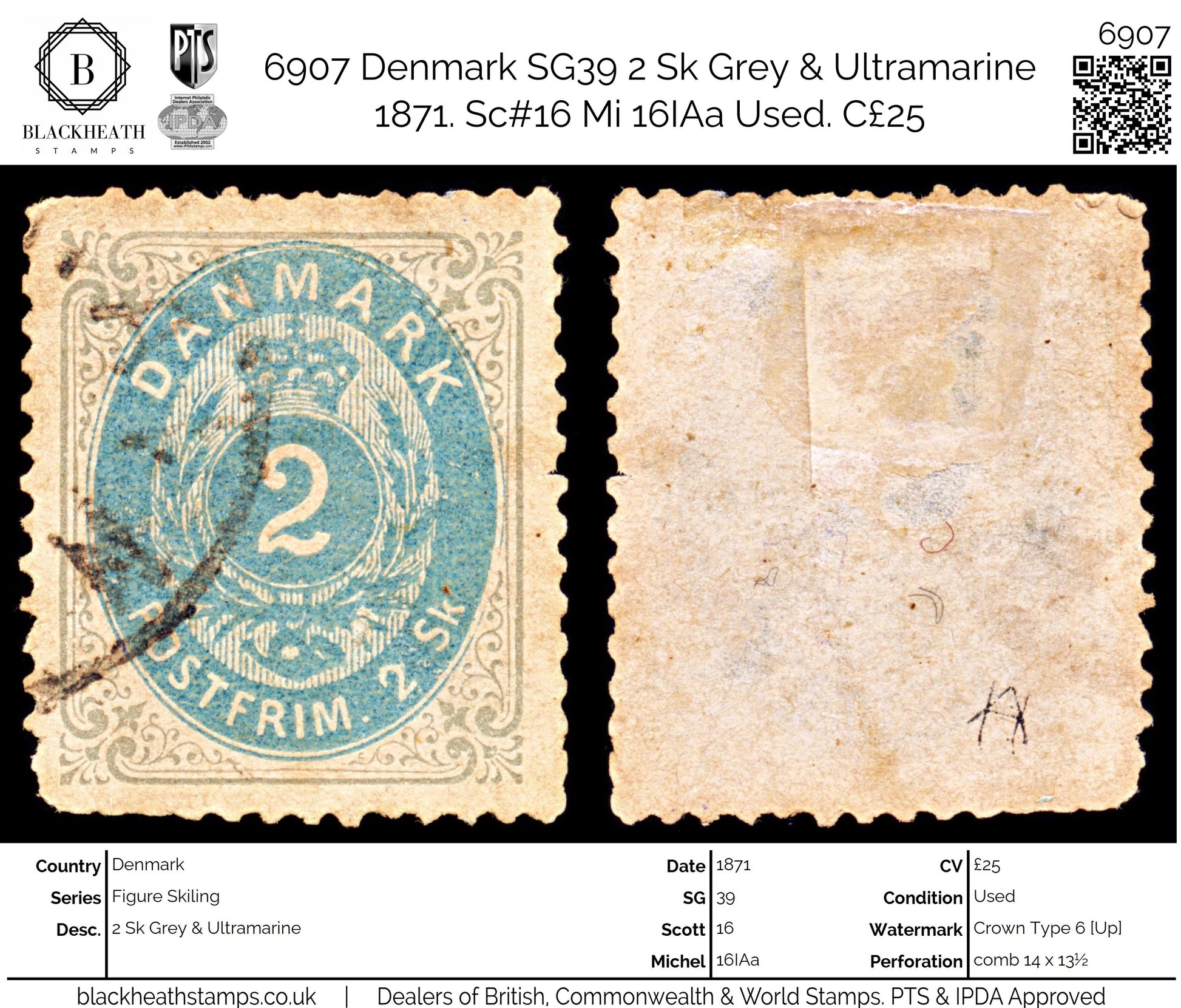 6907 Denmark SG39 2 Sk Grey & Ultramarine 1871. Sc#16 Mi 16IAa Used. C£25