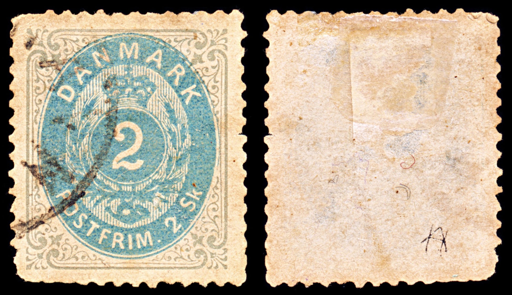 6907 Denmark SG39 2 Sk Grey & Ultramarine 1871. Sc#16 Mi 16IAa Used. C£25