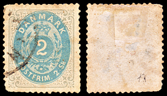 6907 Denmark SG39 2 Sk Grey & Ultramarine 1871. Sc#16 Mi 16IAa Used. C£25