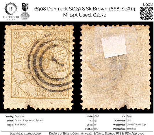 6908 Denmark SG29 8 Sk Brown 1868. Sc#14 Mi 14A Used. C£130