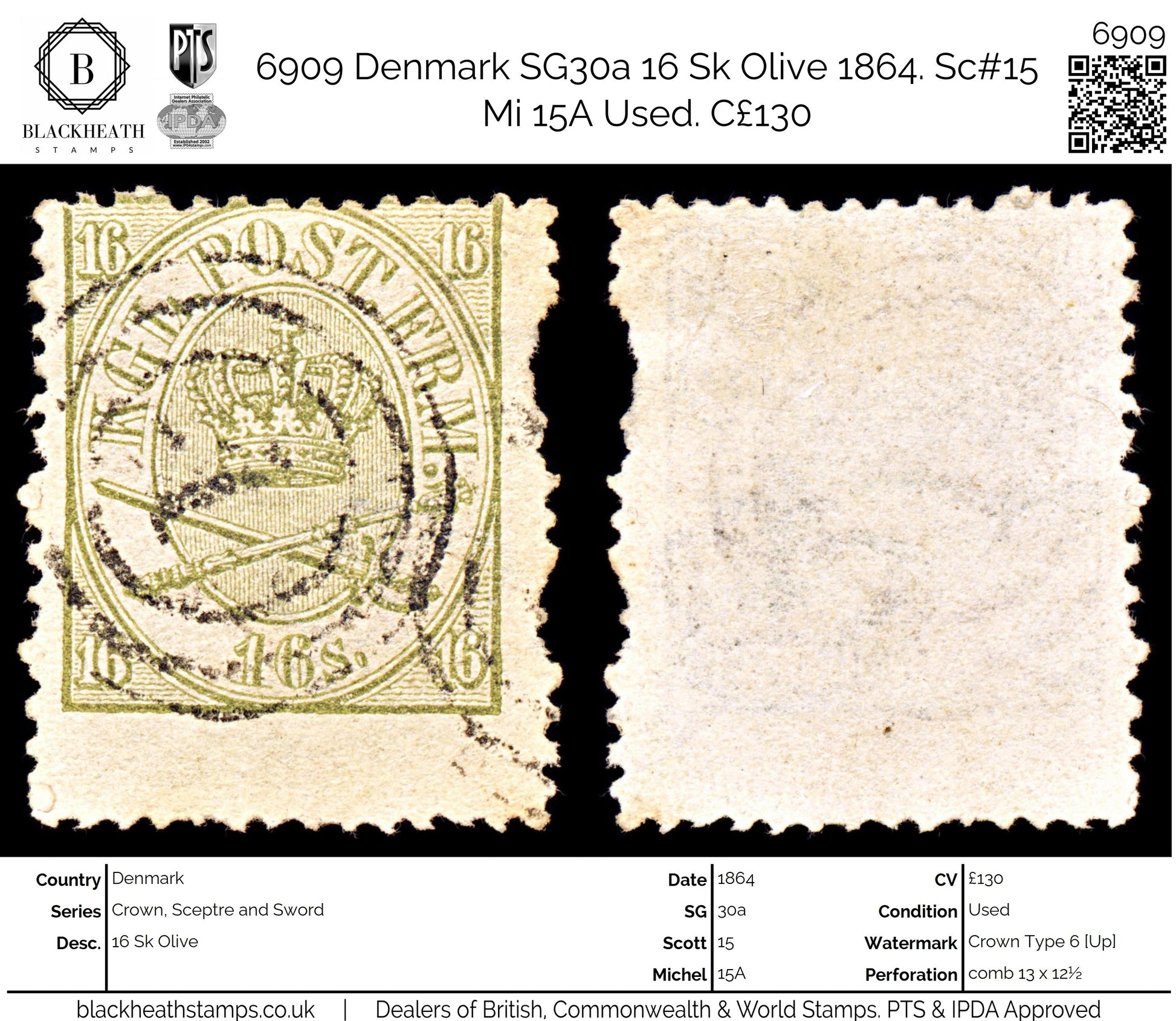 6909 Denmark SG30a 16 Sk Olive 1864. Sc#15 Mi 15A Used. C£130