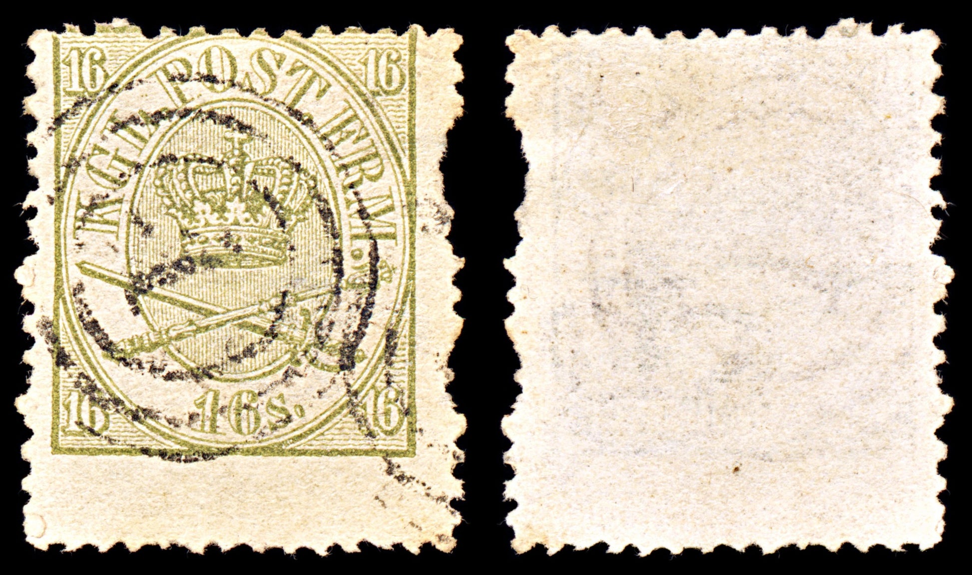 6909 Denmark SG30a 16 Sk Olive 1864. Sc#15 Mi 15A Used. C£130