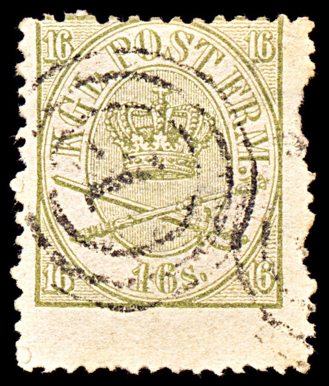 6909 Denmark SG30a 16 Sk Olive 1864. Sc#15 Mi 15A Used. C£130