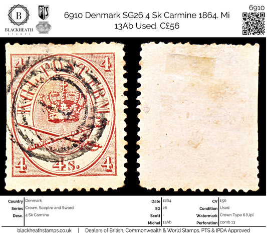 6910 Denmark SG26 4 Sk Carmine 1864. Mi 13Ab Used. C£56