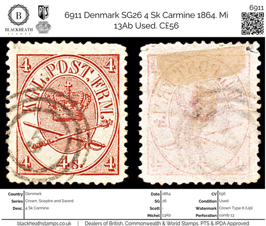 6911 Denmark SG26 4 Sk Carmine 1864. Mi 13Ab Used. C£56