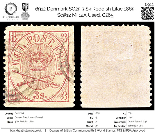 6912 Denmark SG25 3 Sk Reddish Lilac 1865. Sc#12 Mi 12A Used. C£65