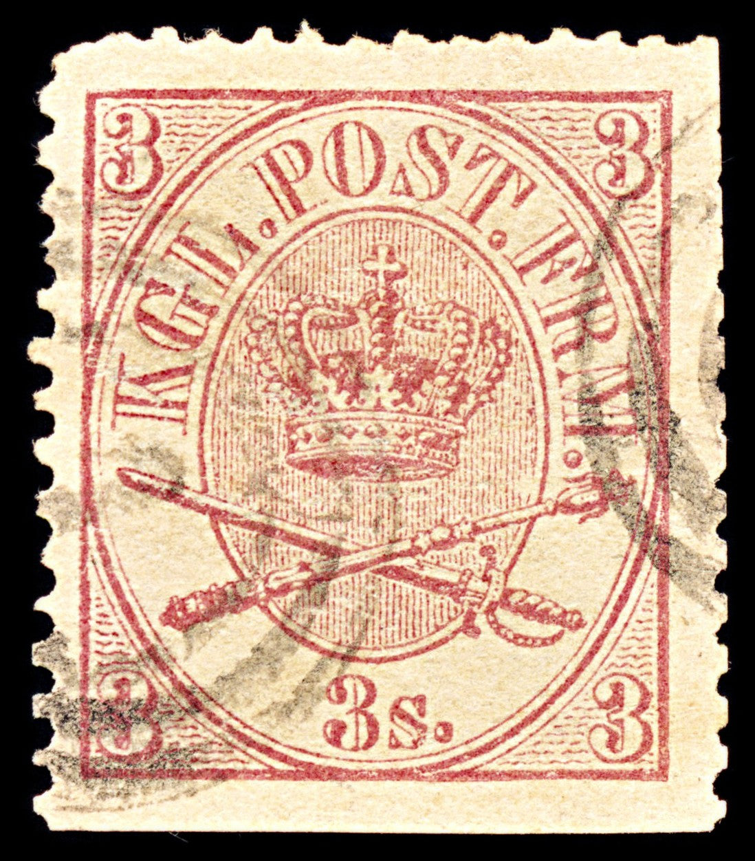 6912 Denmark SG25 3 Sk Reddish Lilac 1865. Sc#12 Mi 12A Used. C£65