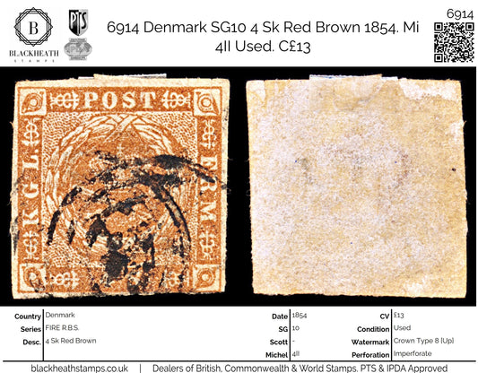 6914 Denmark SG10 4 Sk Red Brown 1854. Mi 4II Used. C£13