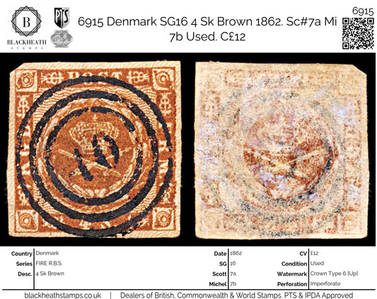 6915 Denmark SG16 4 Sk Brown 1862. Sc#7a Mi 7b Used. C£12