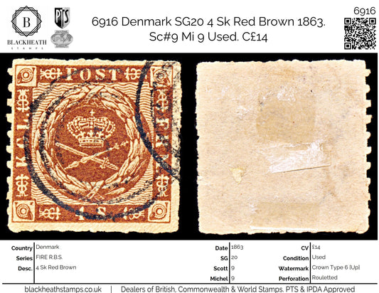 6916 Denmark SG20 4 Sk Red Brown 1863. Sc#9 Mi 9 Used. C£14