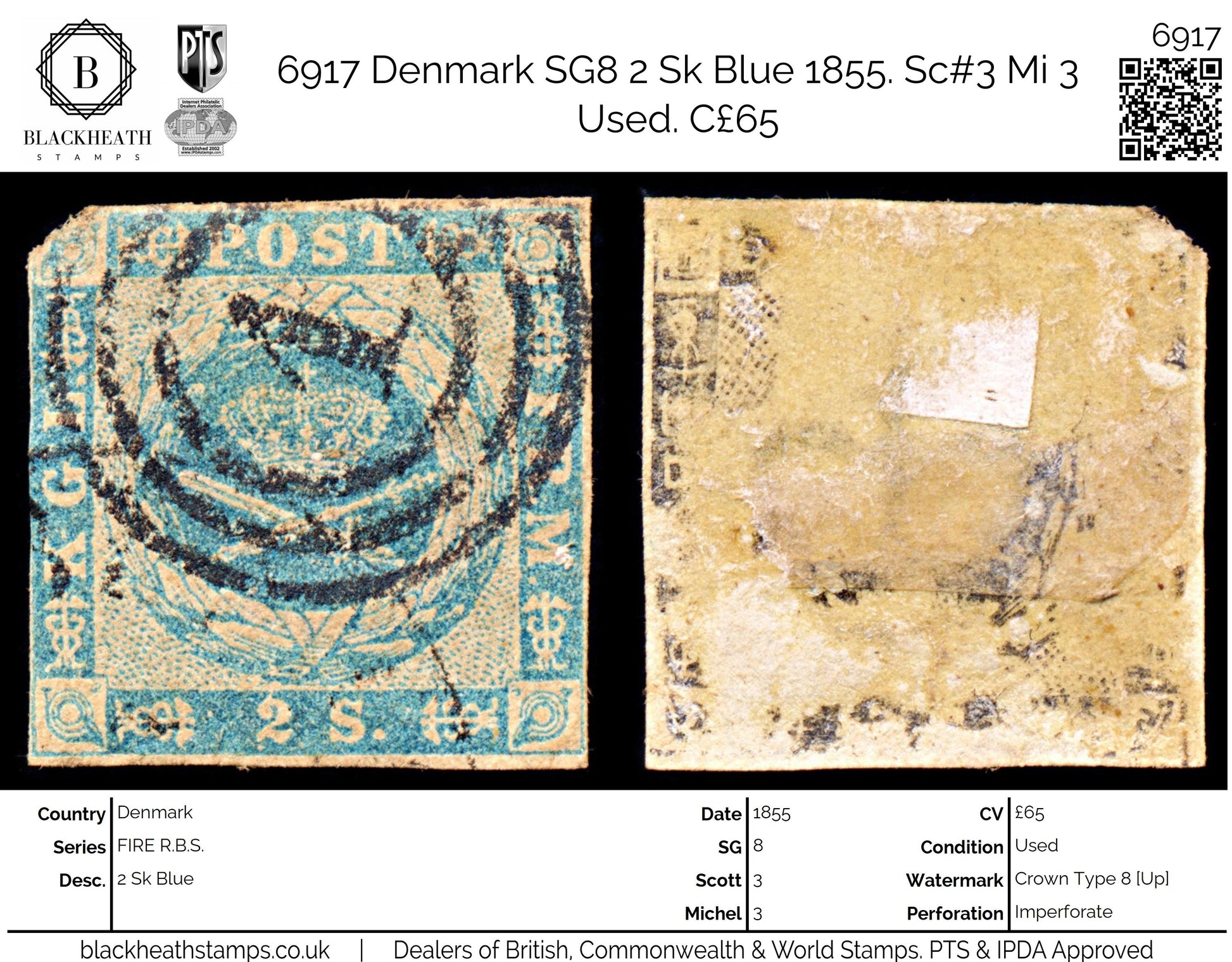 6917 Denmark SG8 2 Sk Blue 1855. Sc#3 Mi 3 Used. C£65