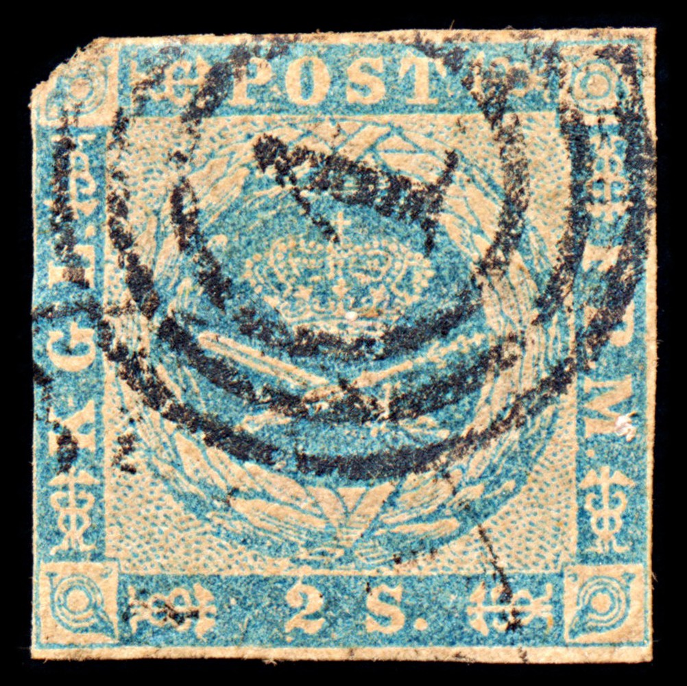 6917 Denmark SG8 2 Sk Blue 1855. Sc#3 Mi 3 Used. C£65