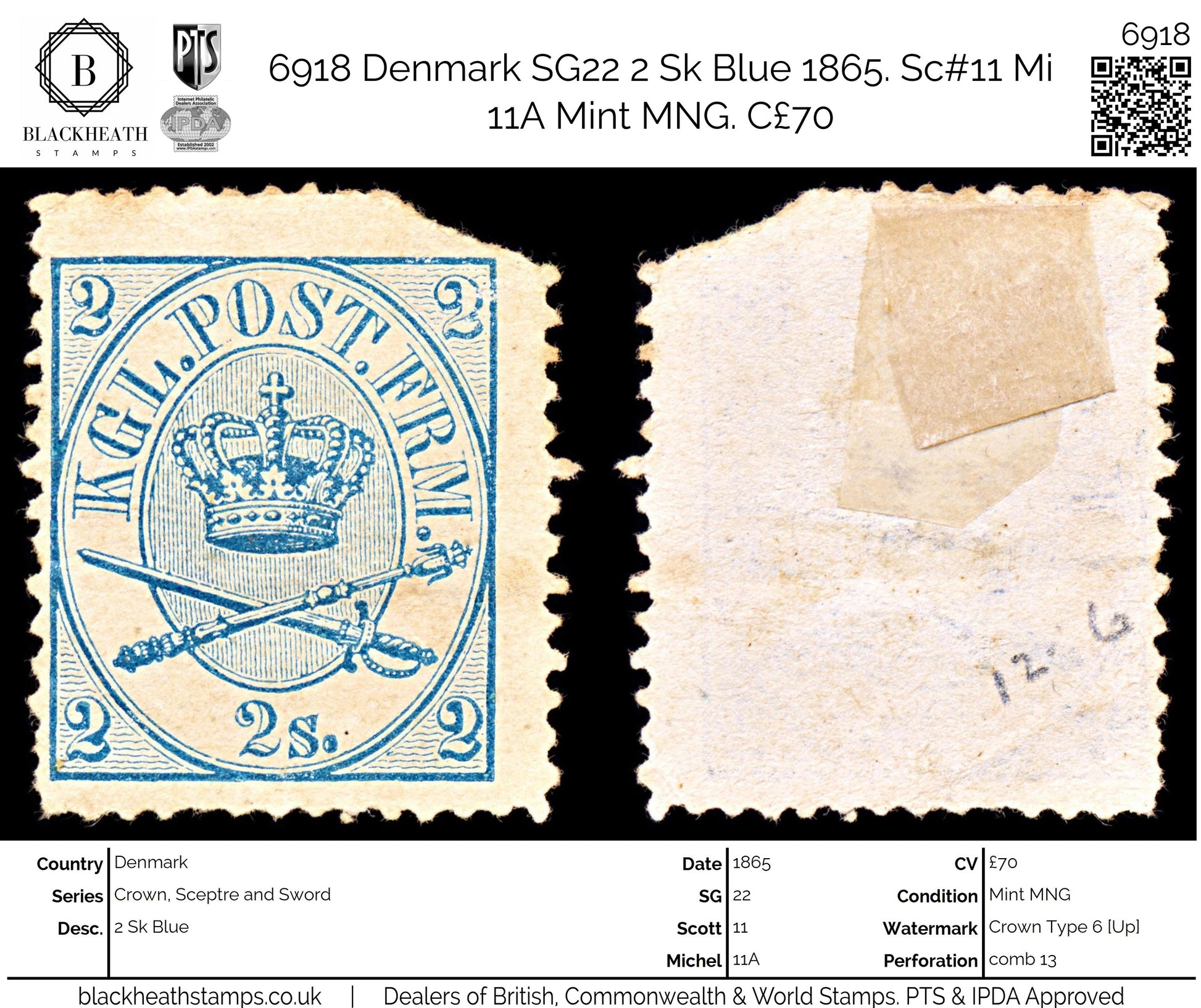 6918 Denmark SG22 2 Sk Blue 1865. Sc#11 Mi 11A Mint MNG. C£70