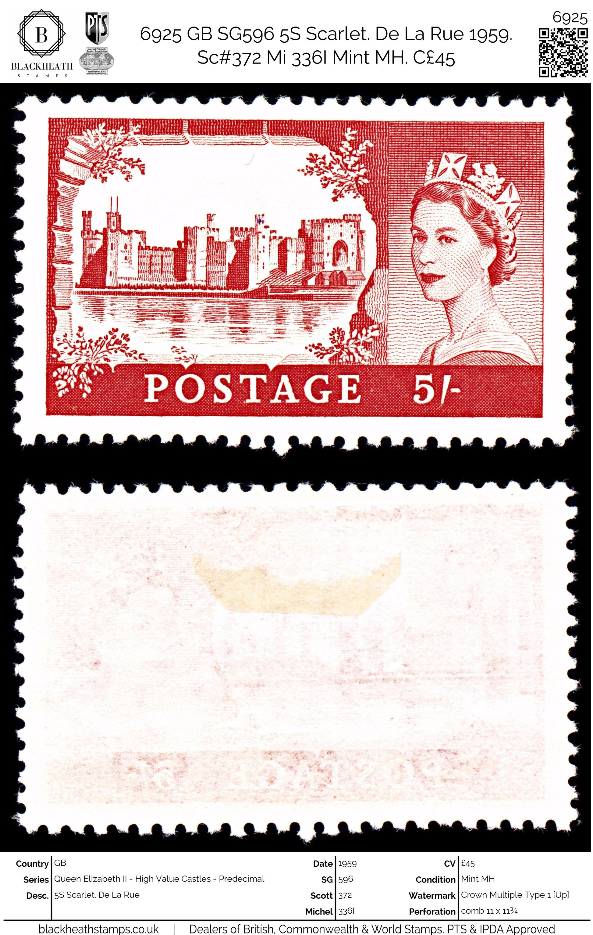 6925 GB SG596 5S Scarlet. De La Rue 1959. Sc#372 Mi 336I Mint MH. C£45