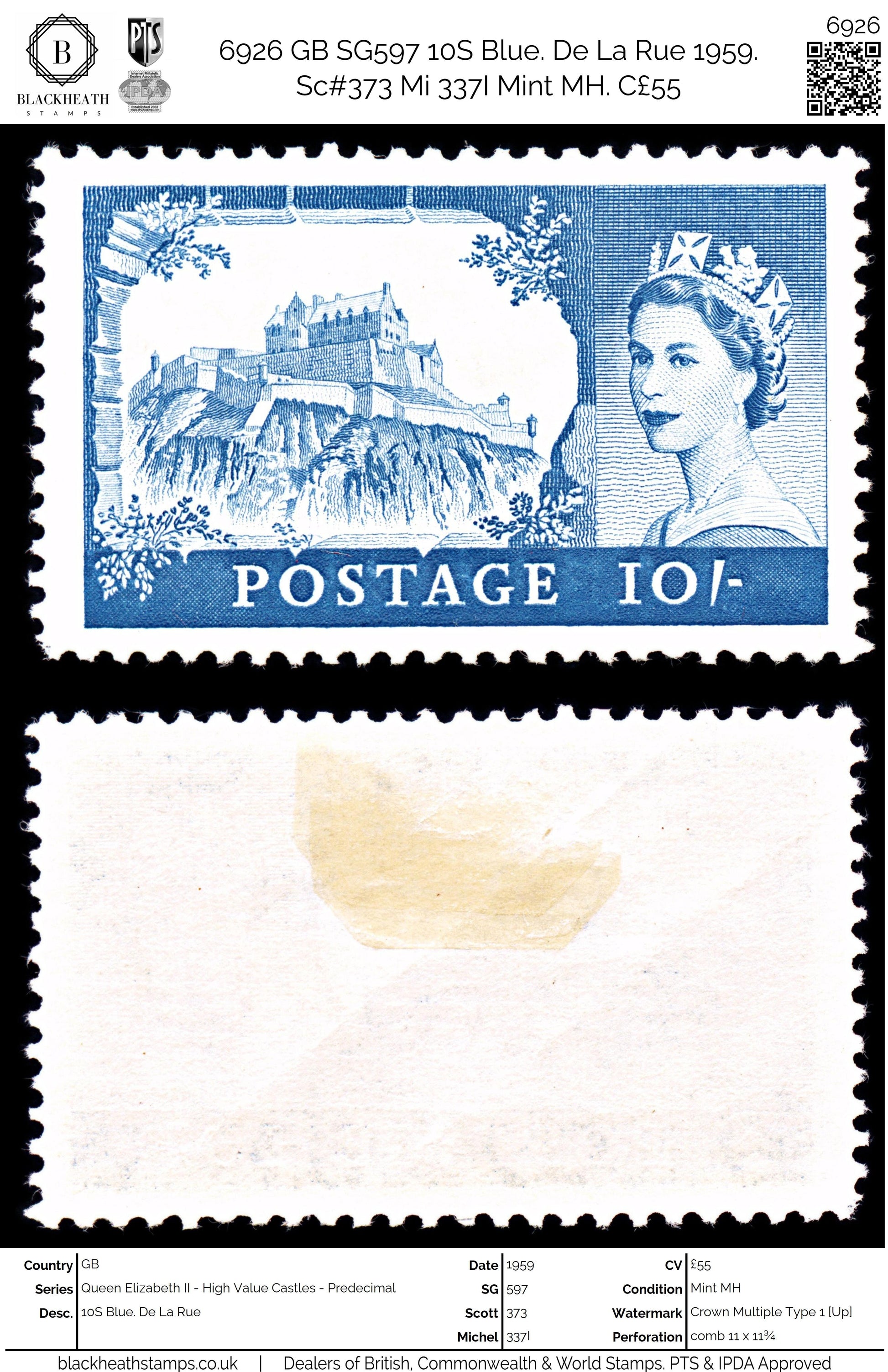 6926 GB SG597 10S Blue. De La Rue 1959. Sc#373 Mi 337I Mint MH. C£55