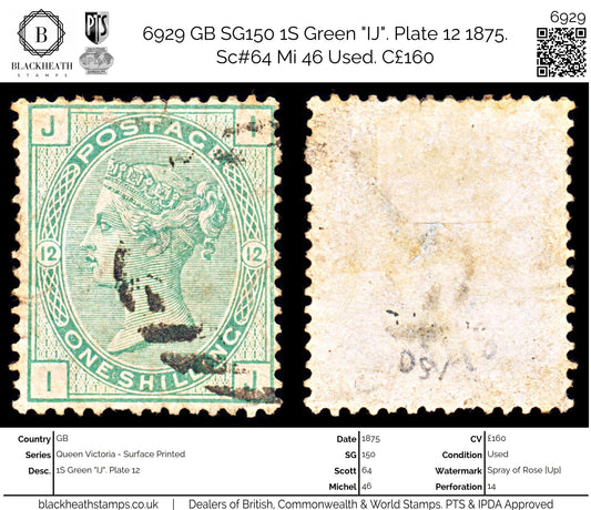 6929 GB SG150 1S Green "IJ". Plate 12 1875. Sc#64 Mi 46 Used. C£160