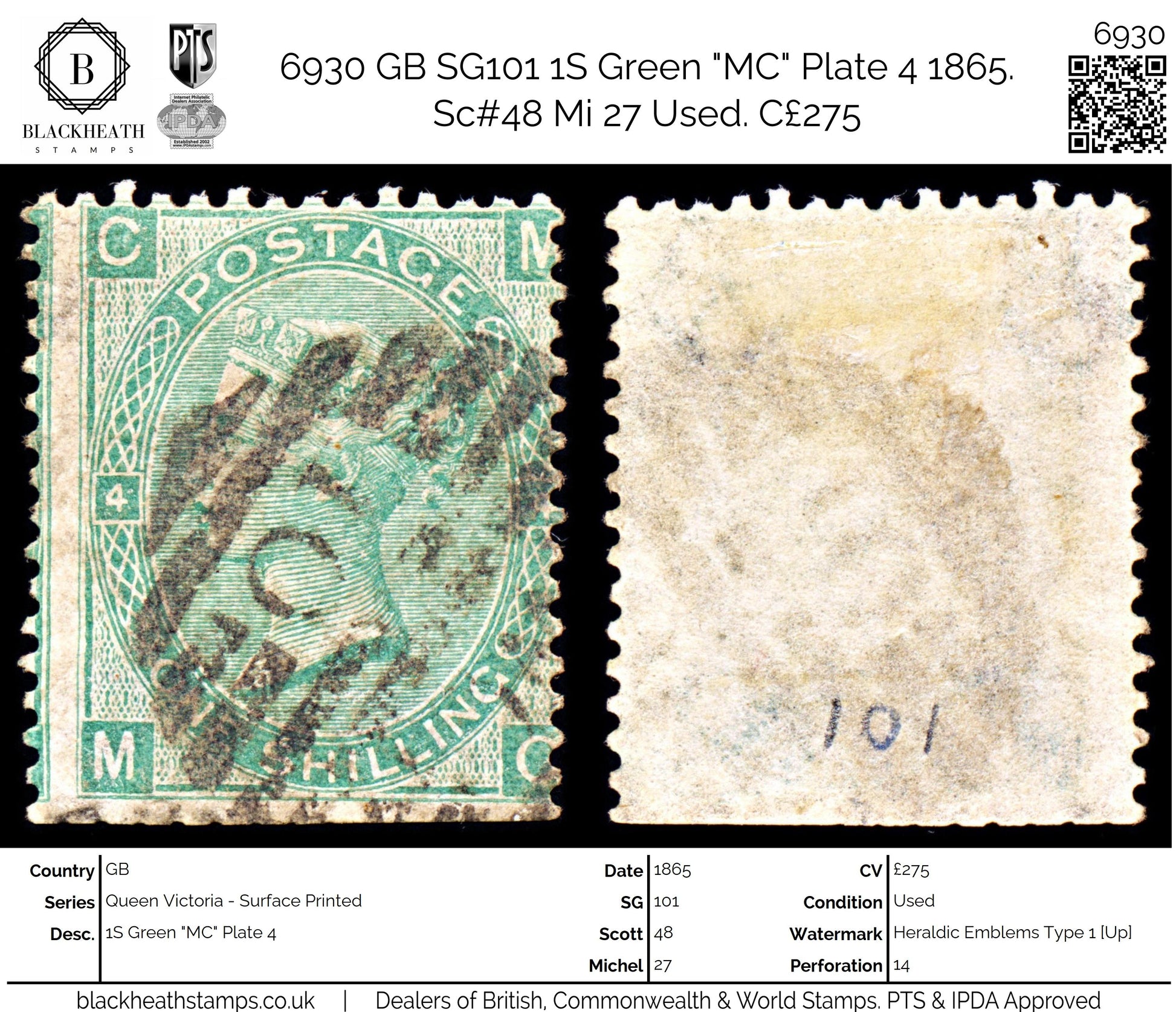 6930 GB SG101 1S Green "MC" Plate 4 1865. Sc#48 Mi 27 Used. C£275