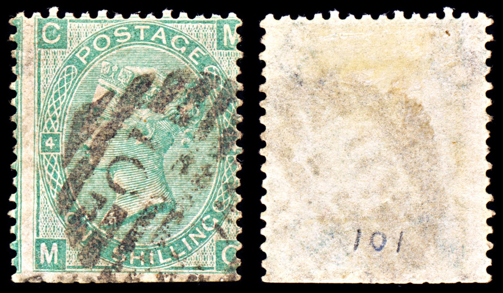 6930 GB SG101 1S Green "MC" Plate 4 1865. Sc#48 Mi 27 Used. C£275