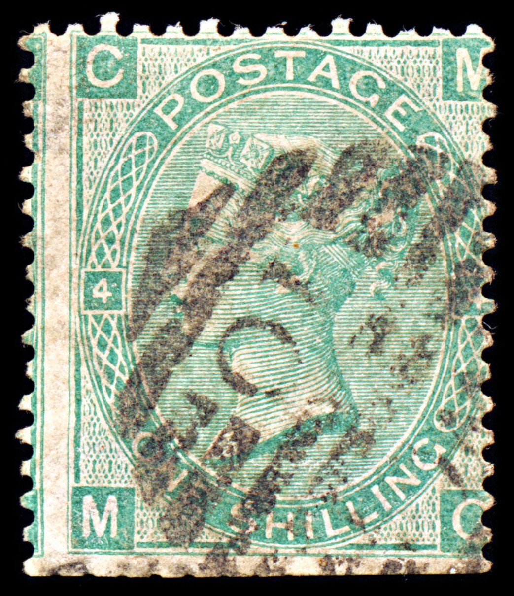 6930 GB SG101 1S Green "MC" Plate 4 1865. Sc#48 Mi 27 Used. C£275