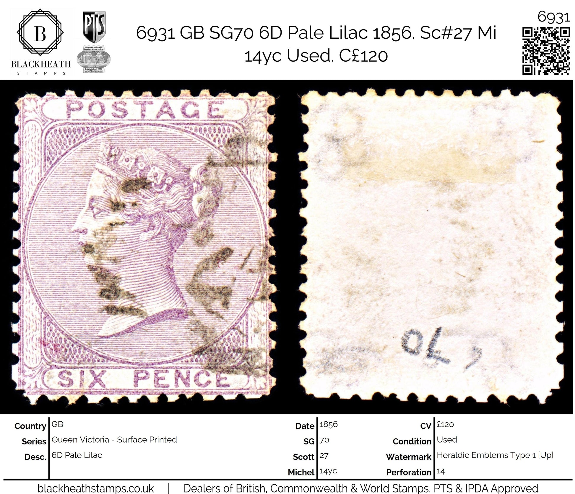 6931 GB SG70 6D Pale Lilac 1856. Sc#27 Mi 14yc Used. C£120