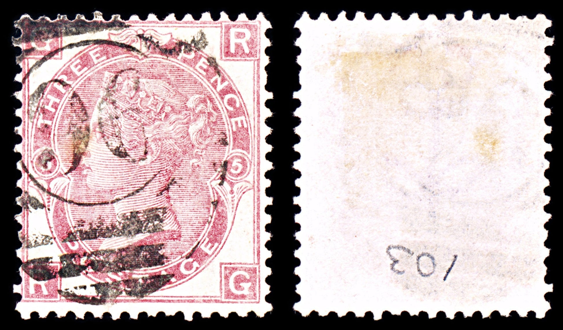 6932 GB SG103 3D Rose "RG" Plate 5 1868. Sc#49 Mi 28 Used. C£70