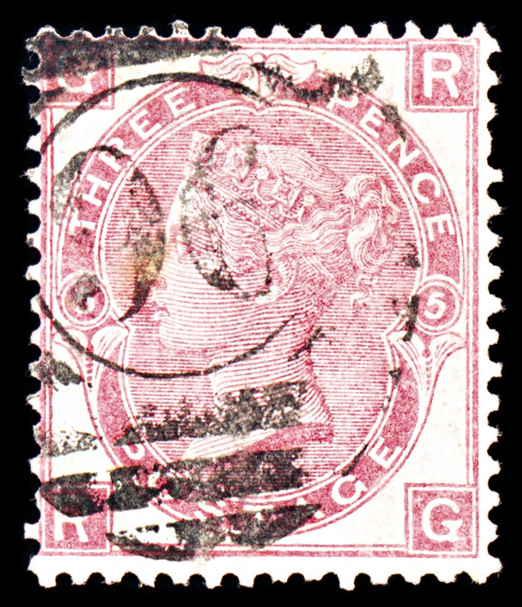 6932 GB SG103 3D Rose "RG" Plate 5 1868. Sc#49 Mi 28 Used. C£70