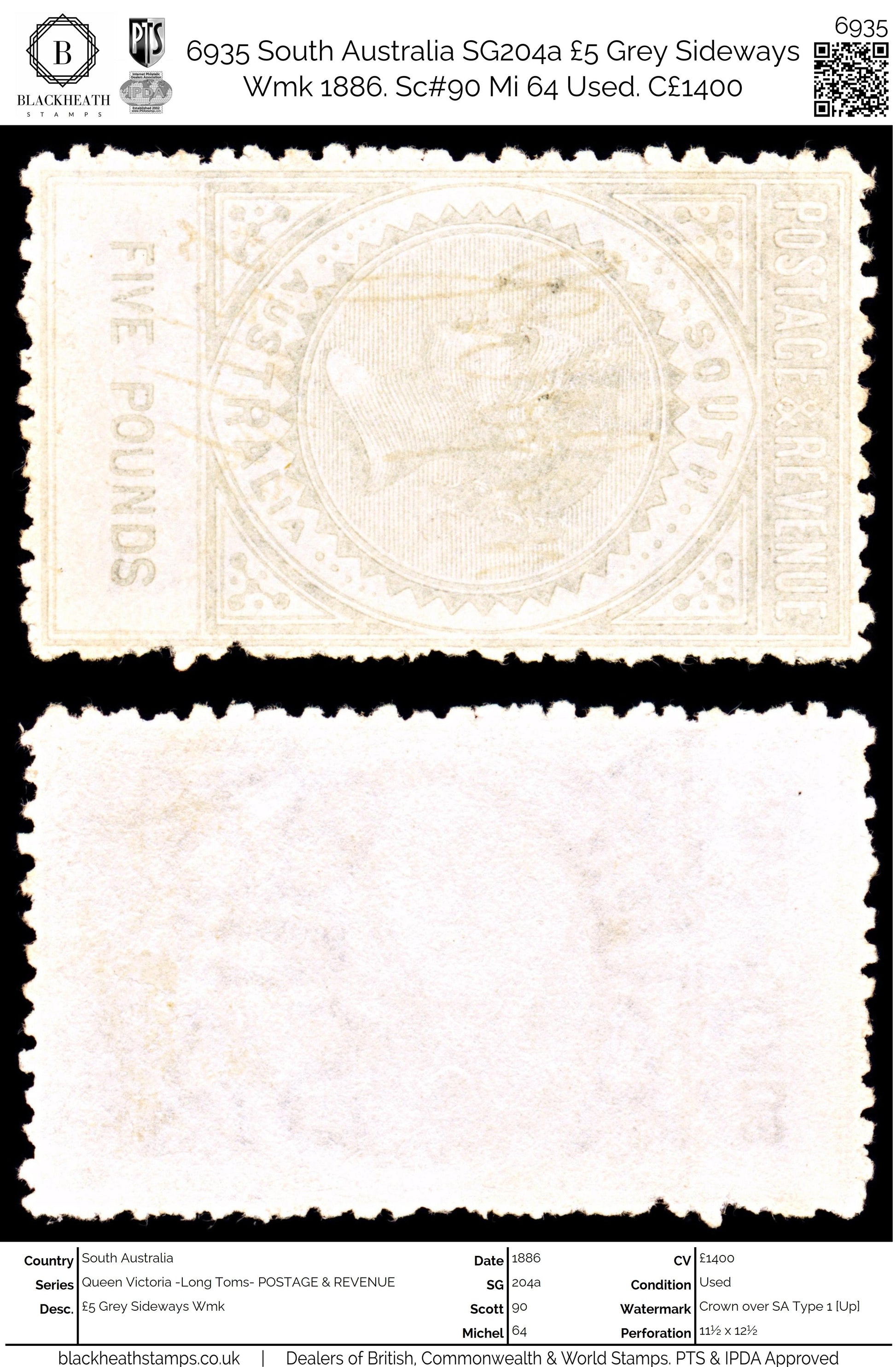 6935 South Australia SG204a £5 Grey Sideways Wmk 1886. Sc#90 Mi 64 Used. C£1400