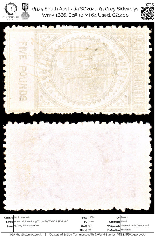 6935 South Australia SG204a £5 Grey Sideways Wmk 1886. Sc#90 Mi 64 Used. C£1400