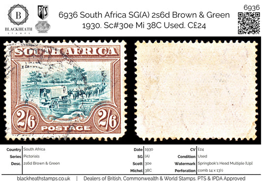 6936 South Africa SG(A) 2s6d Brown & Green 1930. Sc#30e Mi 38C Used. C£24