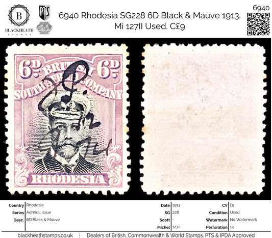 6940 Rhodesia SG228 6D Black & Mauve 1913. Mi 127II Used. C£9