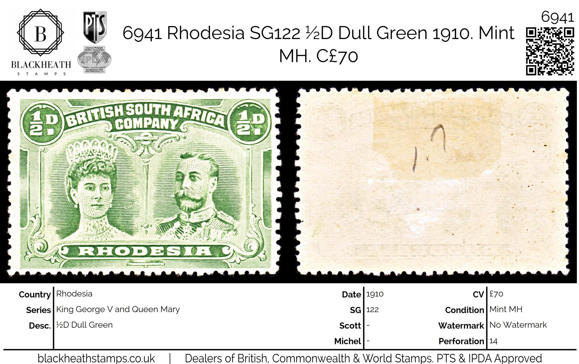 6941 Rhodesia SG122 ½D Dull Green 1910. Mint MH. C£70