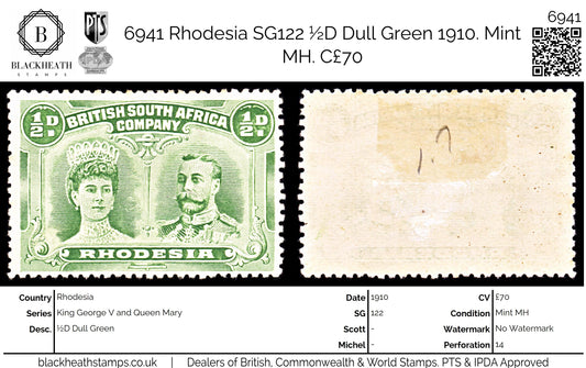 6941 Rhodesia SG122 ½D Dull Green 1910. Mint MH. C£70