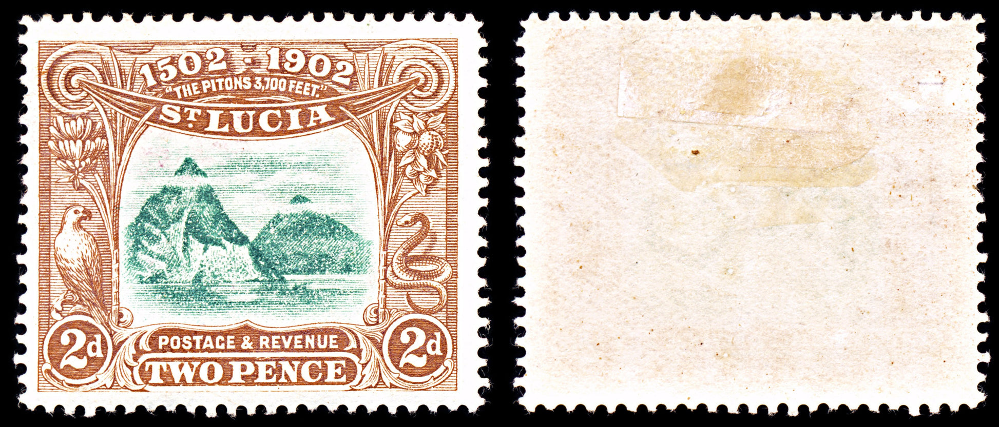 6944 Saint Lucia SG63 2D Brown & Green 1902. Sc#49 Mi 34 Mint MH. C£18