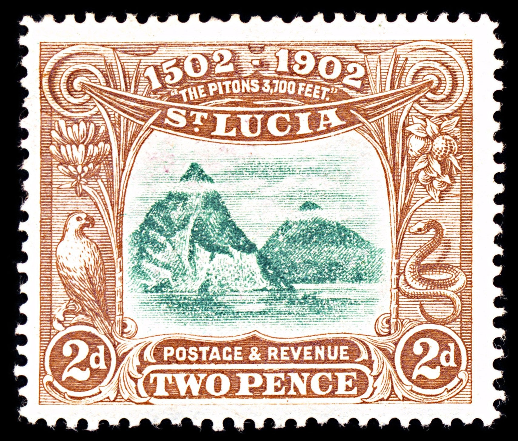 6944 Saint Lucia SG63 2D Brown & Green 1902. Sc#49 Mi 34 Mint MH. C£18