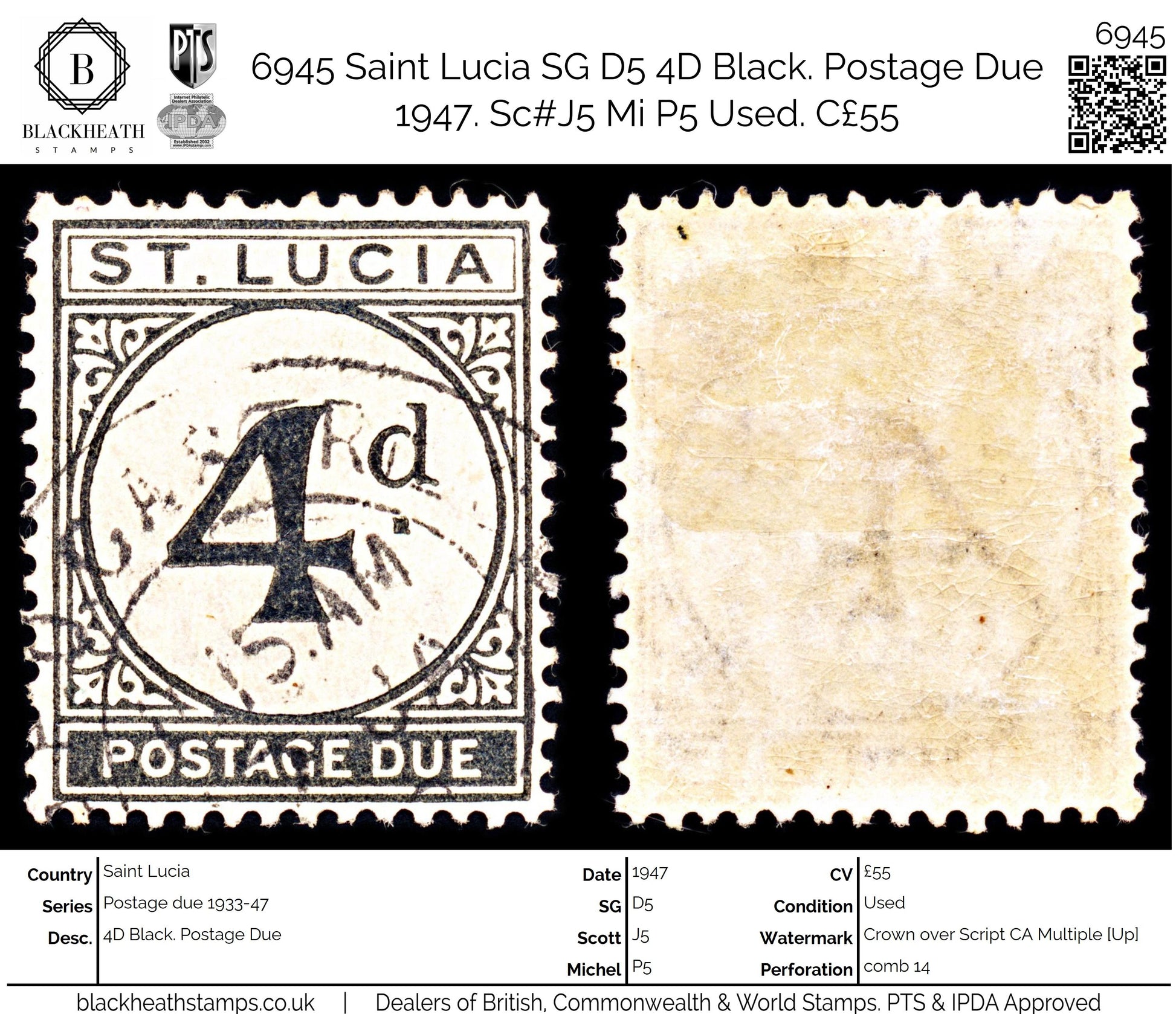 6945 Saint Lucia SG D5 4D Black. Postage Due 1947. Sc#J5 Mi P5 Used. C£55