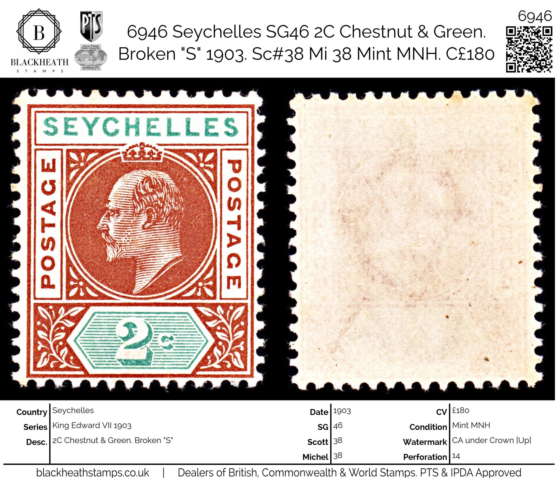 6946 Seychelles SG46 2C Chestnut & Green. Broken "S" 1903. Sc#38 Mi 38 Mint MNH. C£180