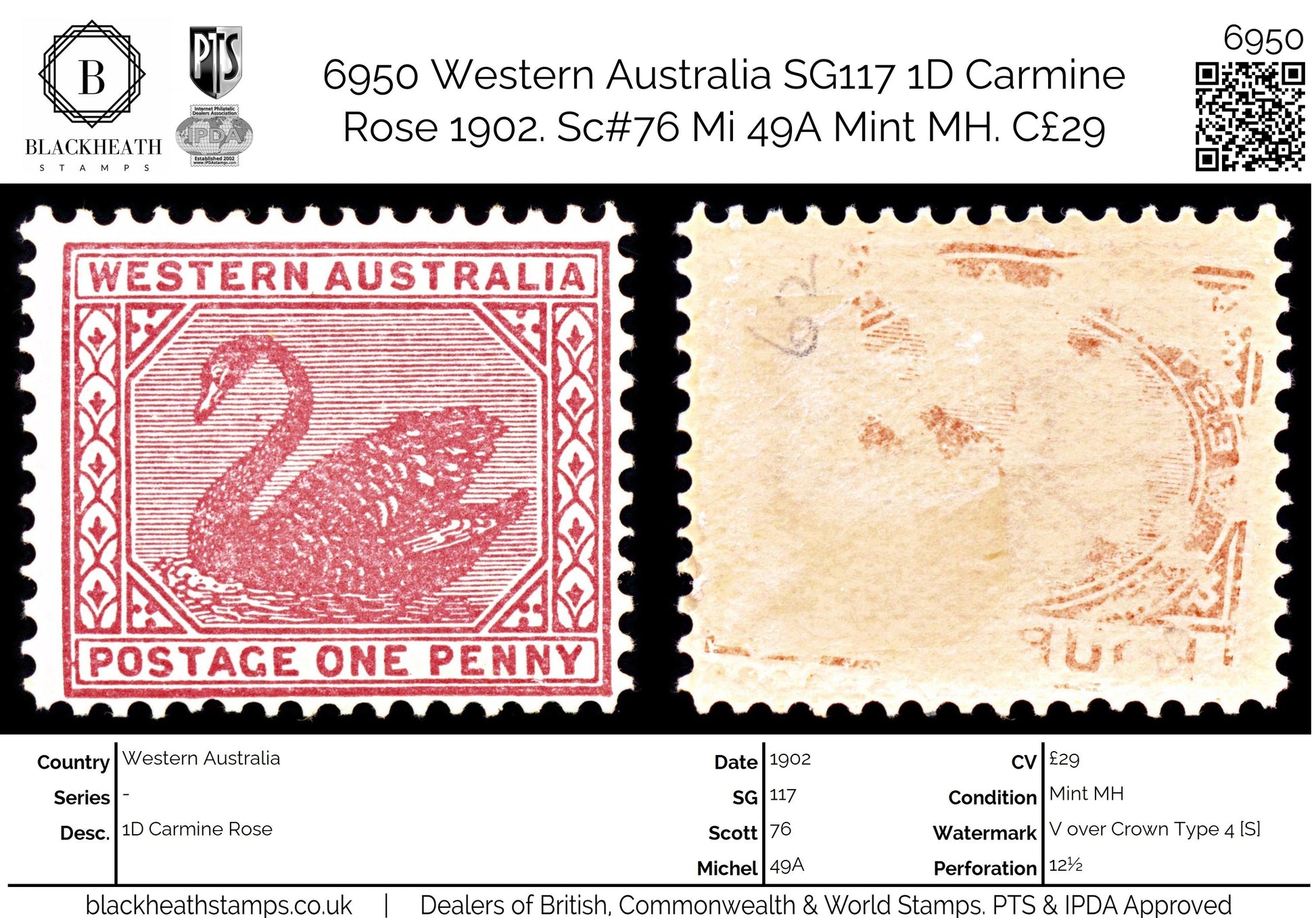 6950 Western Australia SG117 1D Carmine Rose 1902. Sc#76 Mi 49A Mint MH. C£29