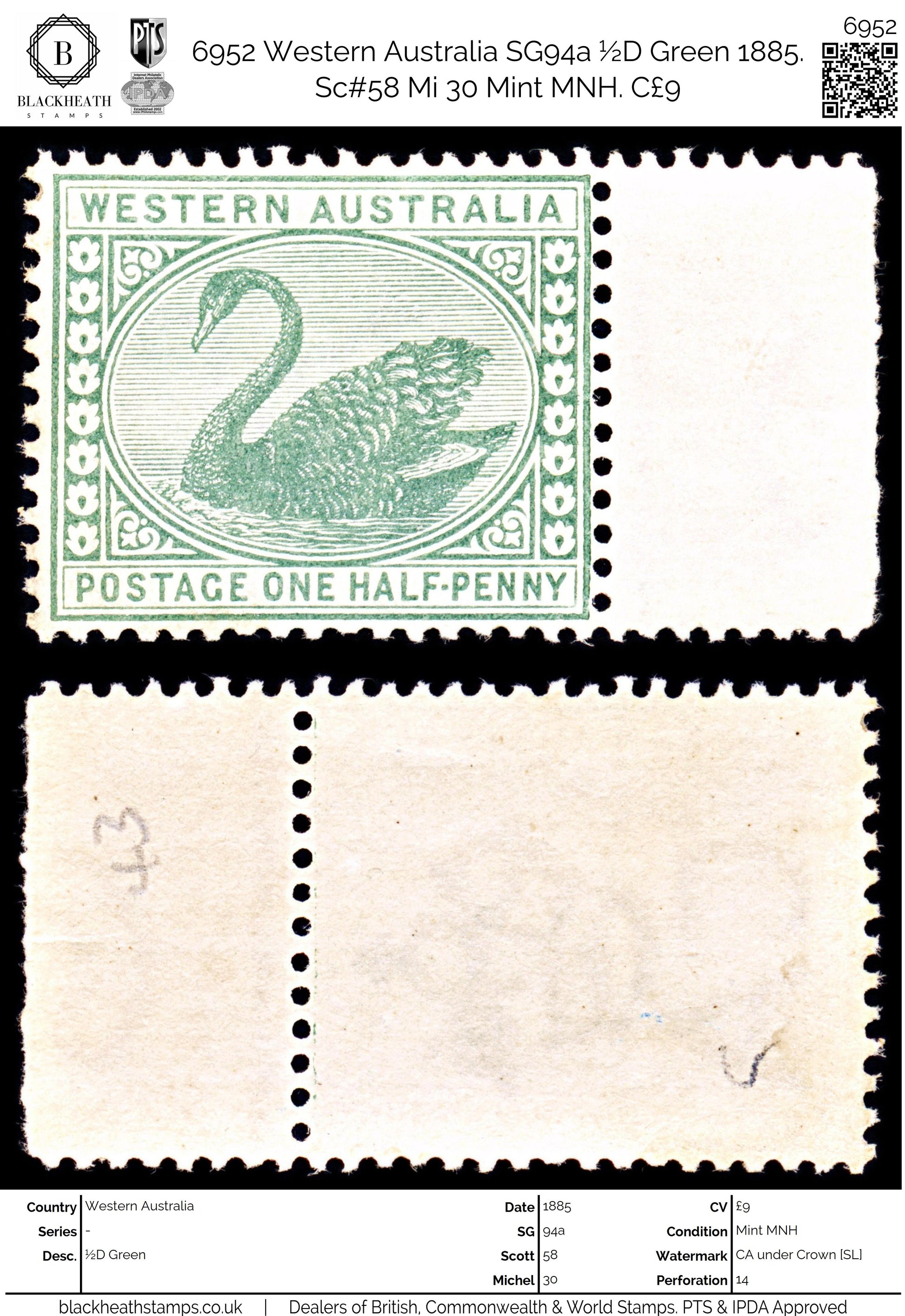 6952 Western Australia SG94a ½D Green 1885. Sc#58 Mi 30 Mint MNH. C£9