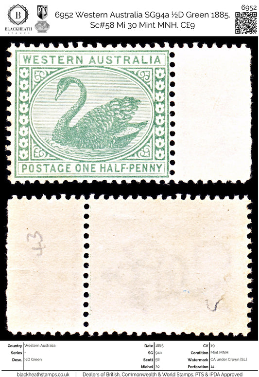 6952 Western Australia SG94a ½D Green 1885. Sc#58 Mi 30 Mint MNH. C£9