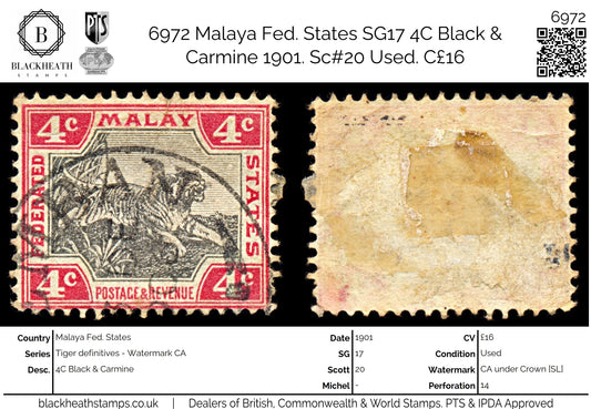 6972 Malaya Fed. States SG17 4C Black & Carmine 1901. Sc#20 Used. C£16