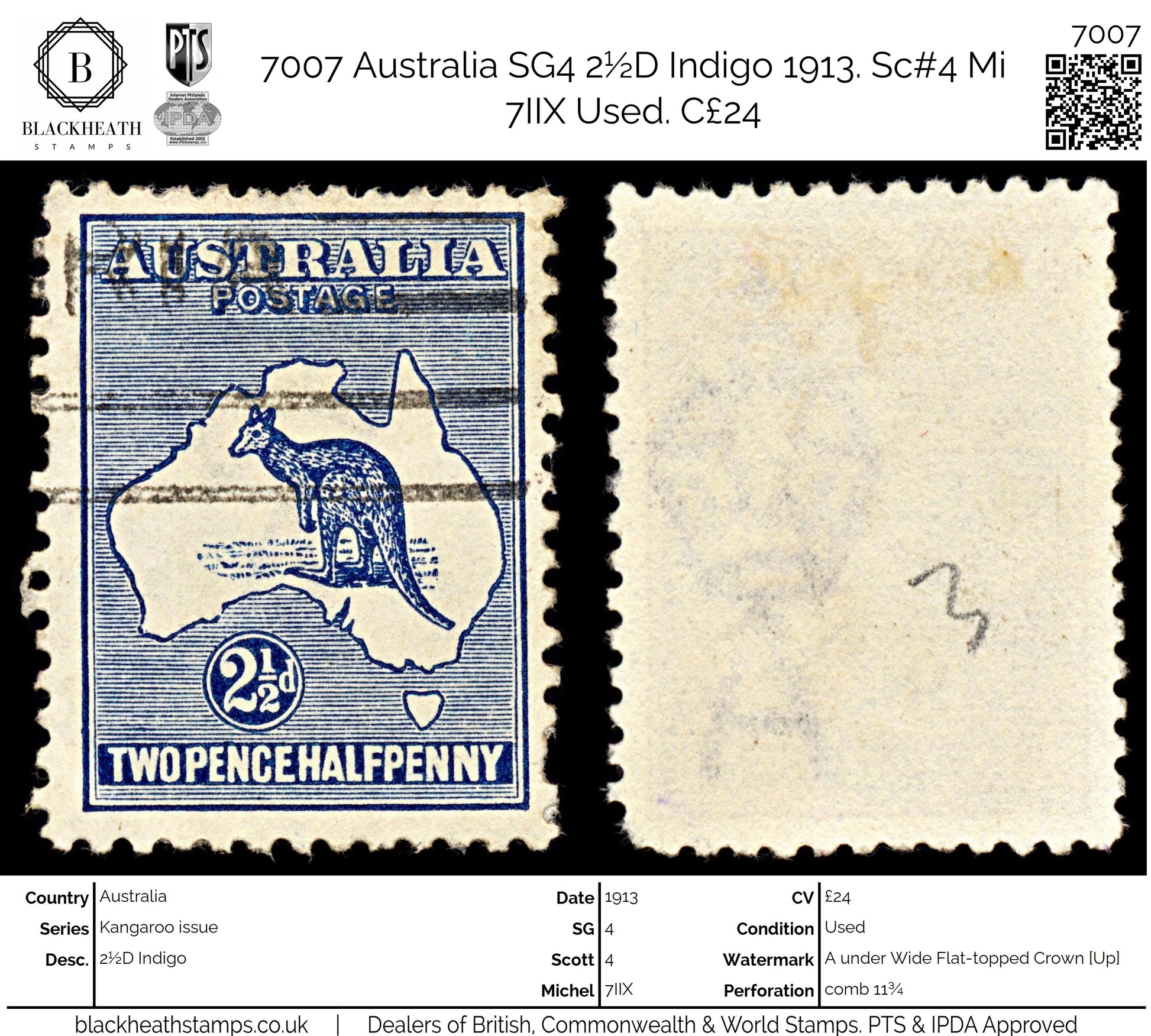 7007 Australia SG4 2½D Indigo 1913. Sc#4 Mi 7IIX Used. C£24