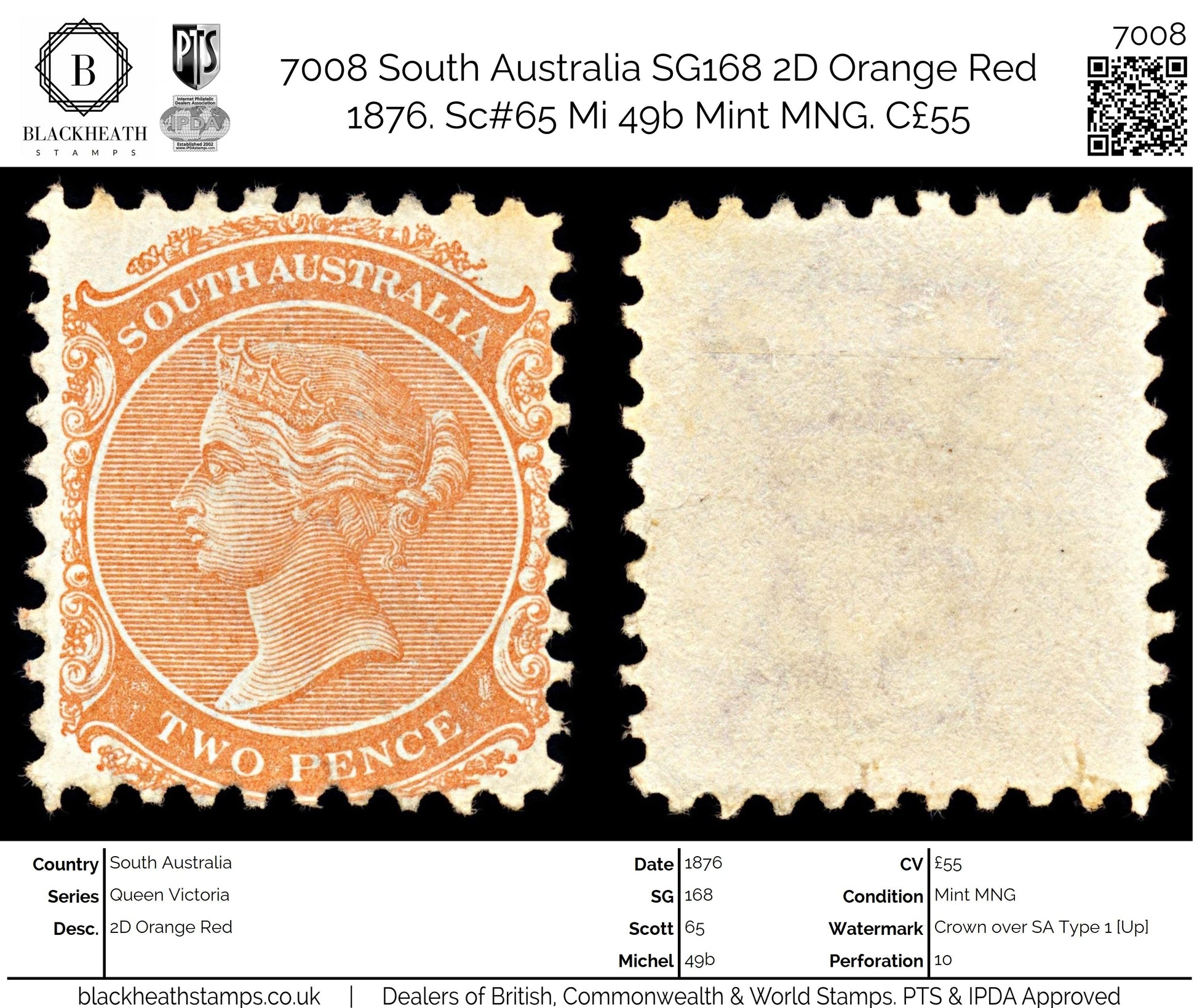 7008 South Australia SG168 2D Orange Red 1876. Sc#65 Mi 49b Mint MNG. C£55