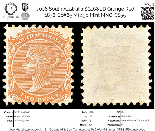 7008 South Australia SG168 2D Orange Red 1876. Sc#65 Mi 49b Mint MNG. C£55